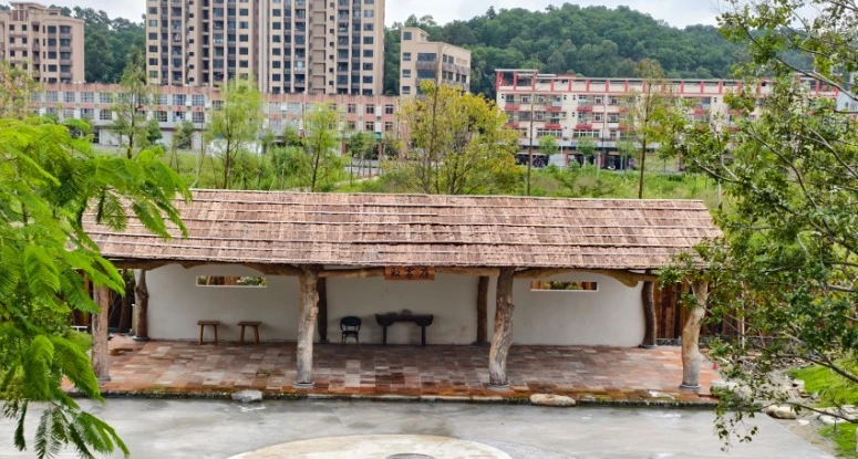 Outdoor practice courtyard and wooden pavilion